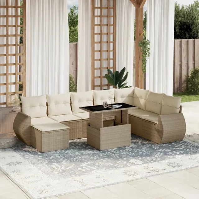 vidaXL 9-delige Loungeset met kussens poly rattan beige, foto 2