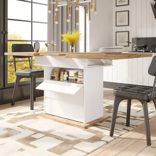 MODENUIT Eettafel - Uitschuifbaar Met Opbergruimte - Voor Keuken En Woonkamer - MDF Wit En Naturel - 110-140x80 cm