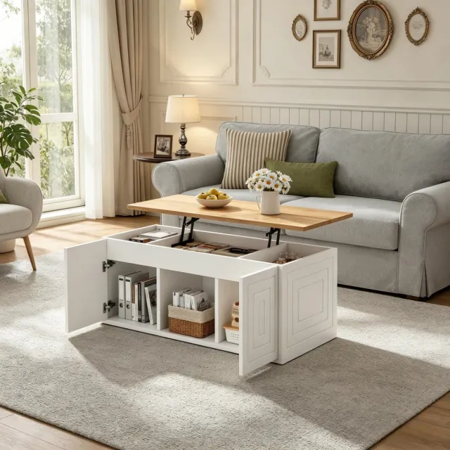 FloraGrace Salontafel - In Hoogte Verstelbaar Met Opbergruimte - Voor Woonkamer En Thuiswerken - Spaanplaat - 46x95x45 cm - Wit Naturel Zwart Bruin