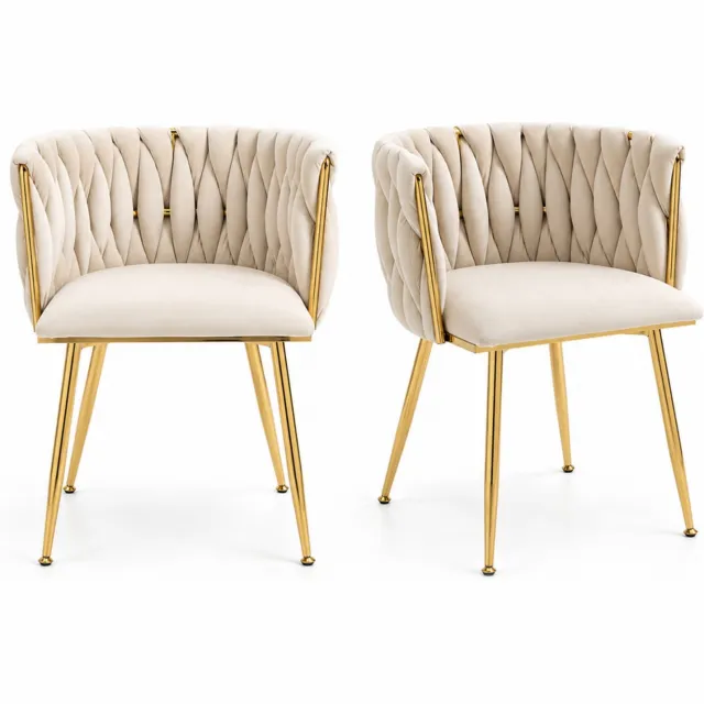 City long dragon LONG DRAGON - Velvet eetkamerstoelen - Set van 2 - Goudkleurige metalen poten - Handgeweven rugontwerp - Zachte kussens - Voor eetkamer, woonkamer en slaapkamer Ivoor