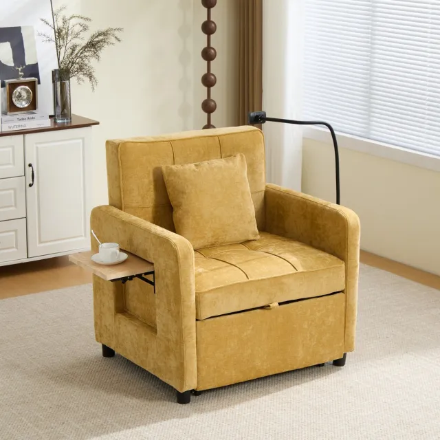 MIVRAY Fauteuil 167 x 79 x 83 cm - 2-in-1 Slaapfauteuil Met 5-Standen Rugleuning En Opbergruimte - Woonkamer - Chenille Mosterdgeel