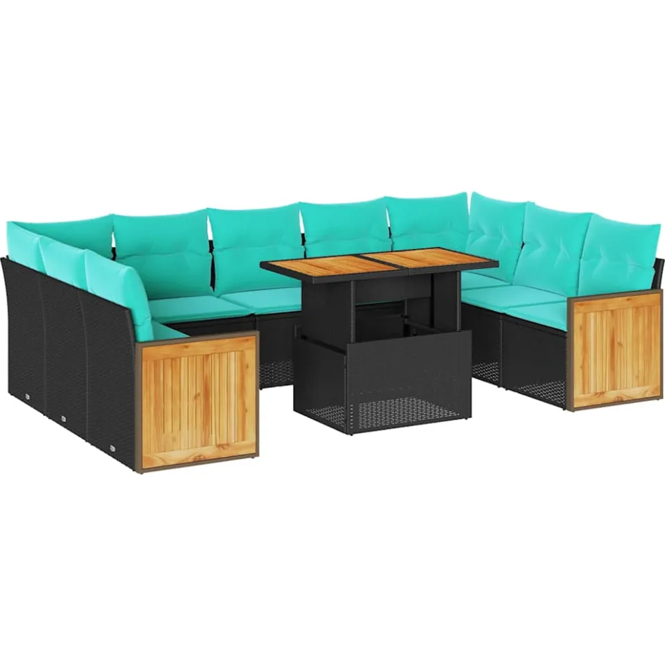 vidaXL 10-delige Loungeset met kussens poly rattan acacia zwart, foto 3