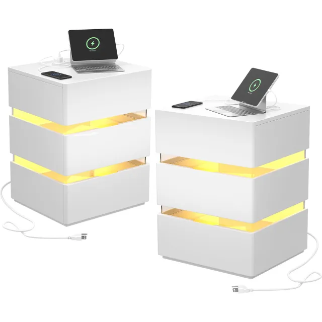 LEADZM Set van 2 Nachtkastjes met 1 lades - Wit - 43 x 38 x 59 cm - led-verlichting
