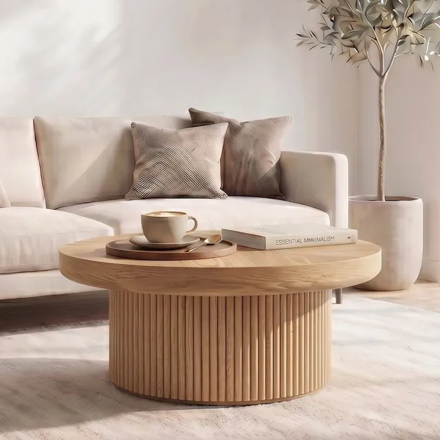 FloraGrace Salontafel - Ronde Tafel Met Parketlook En Geribbelde Cilinderbasis - Voor Woonkamer En Kleine Ruimtes - Hout - 78x78x38,5 Cm - Naturel Natuurlijk hout