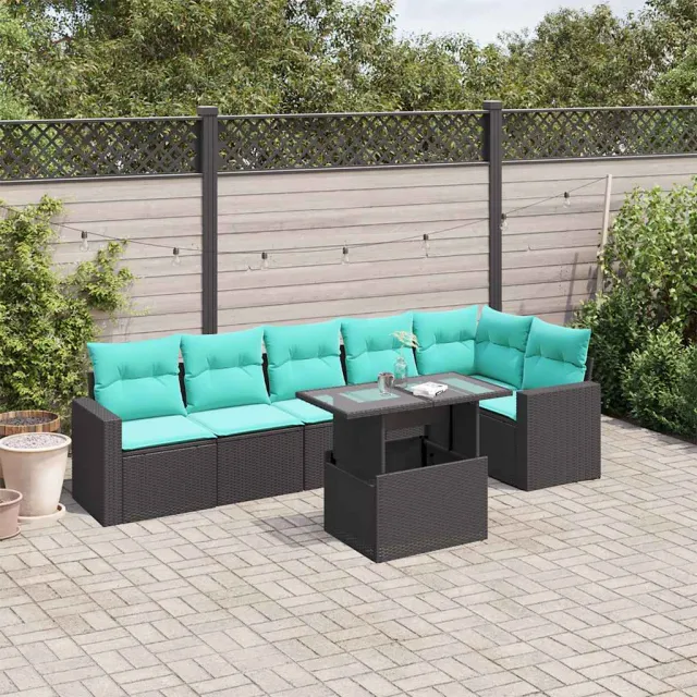 vidaXL 7-delige tuinbankset met kussens van zwart polyrotan, foto 2
