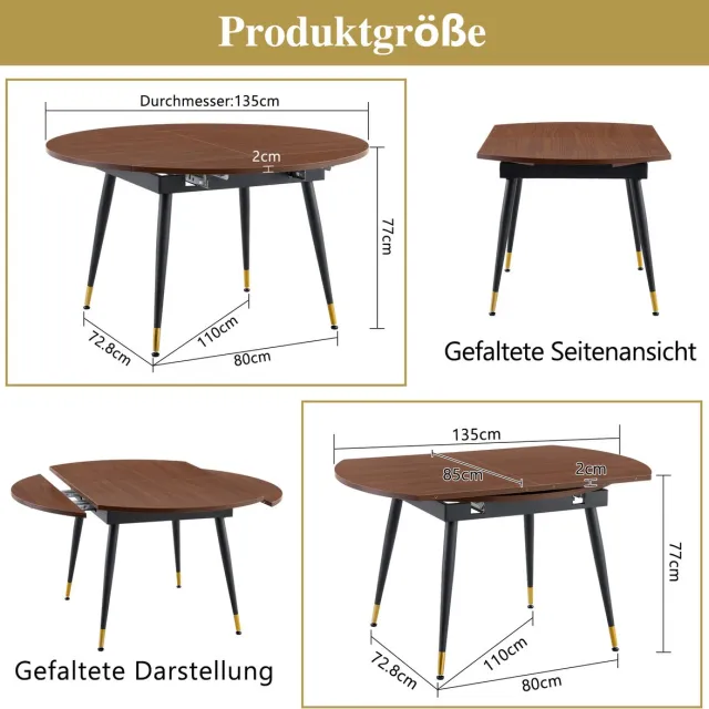 MIVRAY Eettafel - Uitschuifbaar Van Rond Naar Ovaal - Ruimtebesparend Voor Keuken En Eetkamer - MDF - Walnoot