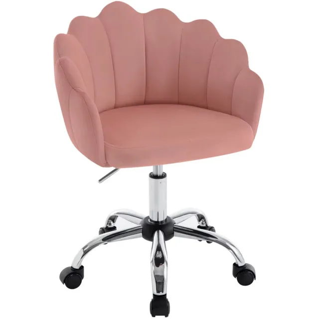Whoopr® Fluwelen Draaibare Bureaustoel – Ergonomische Schelpstoel met Bloemblaadjes Rugleuning – In Hoogte Verstelbaar – Stoel met Wielen – Luxe Kapstoel - Roze