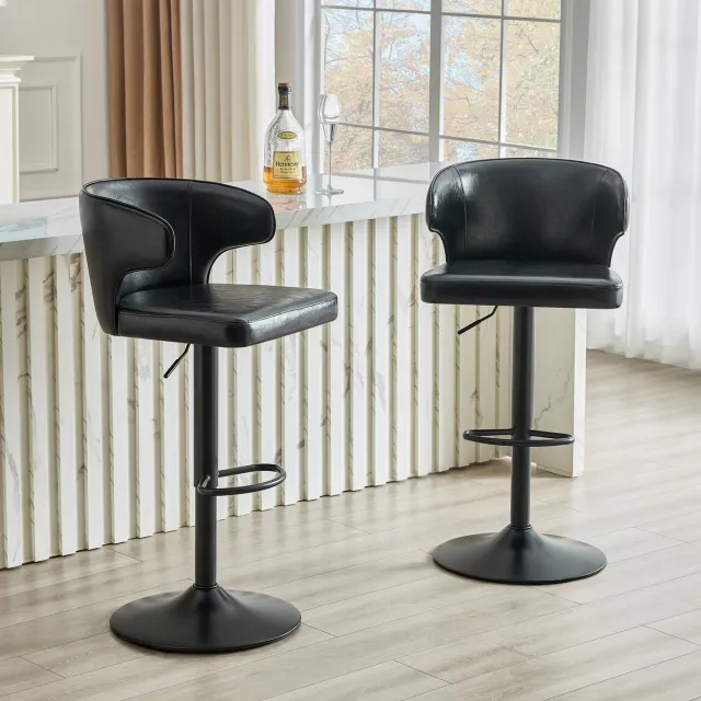 HAUSS SPOLE Barkruk - Set Van 2 - Hoogteverstelbaar En 360 Graden Draaibaar Met Rugleuning En Voetensteun - Voor Keuken En Bar - Kunstleer Zwart Black