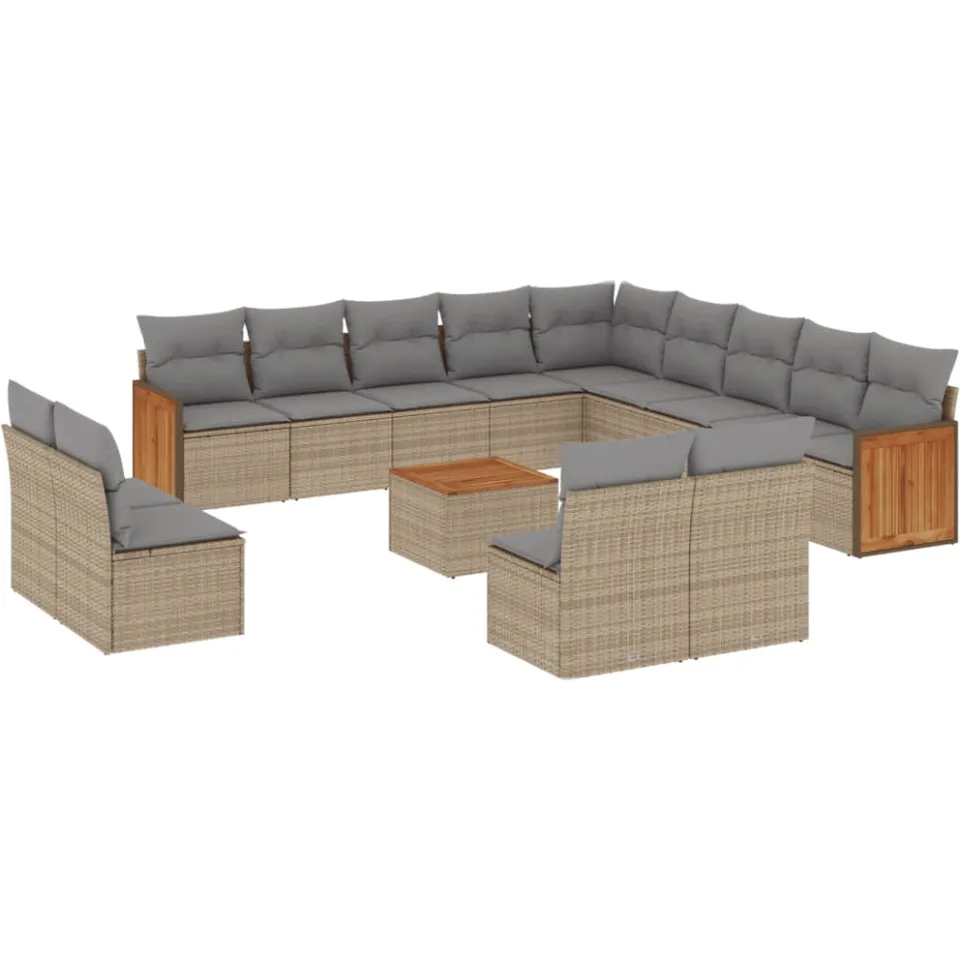 vidaXL 14-delige Loungeset met kussens poly rattan beige, foto 3