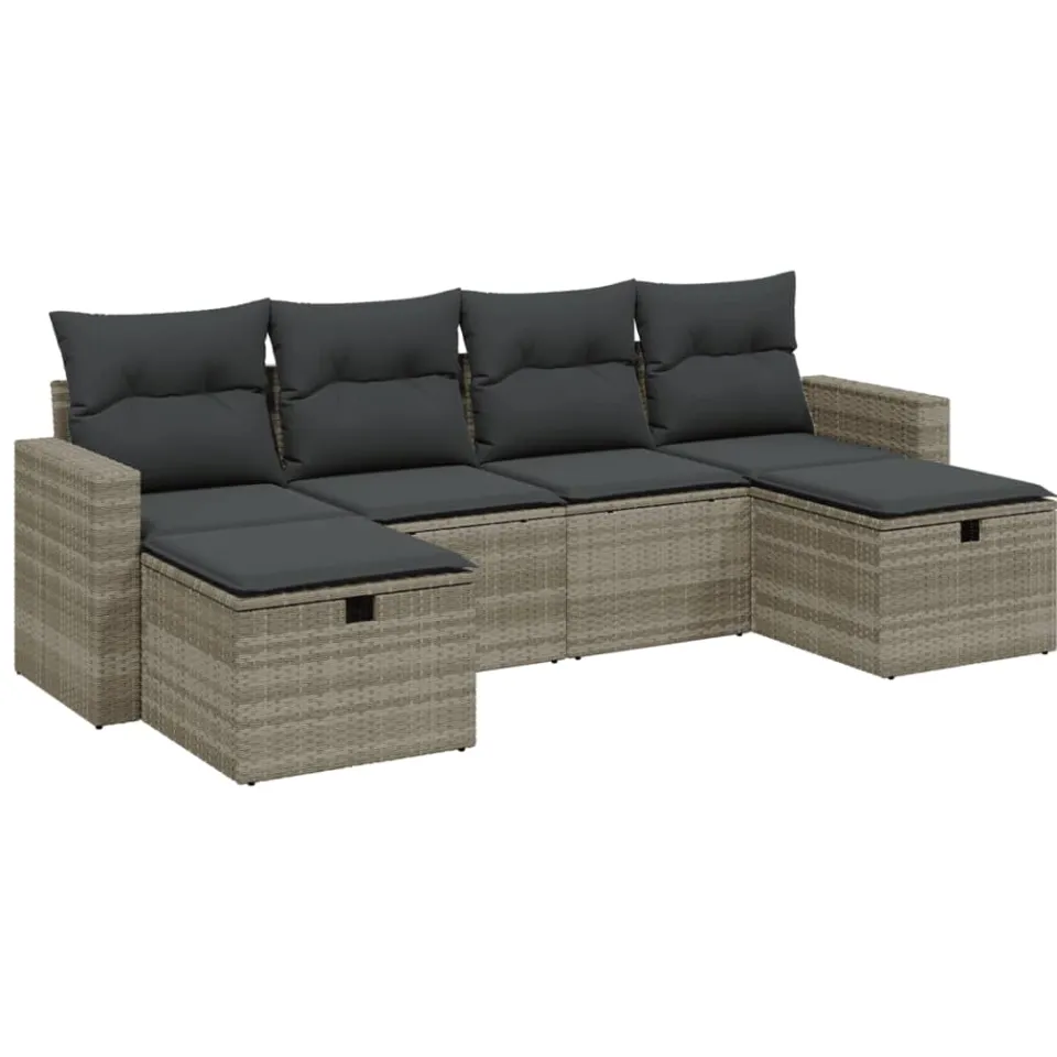 vidaXL 6-delige Loungeset met kussens poly rattan lichtgrijs grijs, foto 3