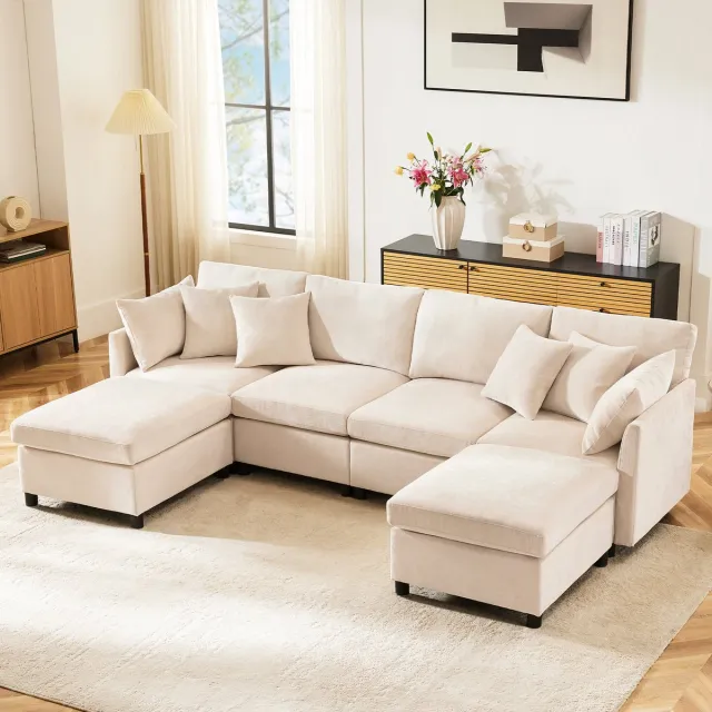Sweiko Hoekbank - Chenille stof - Met kussens - 4-zitsbank - Modulaire bank - 2 voetenbankjes - Beige