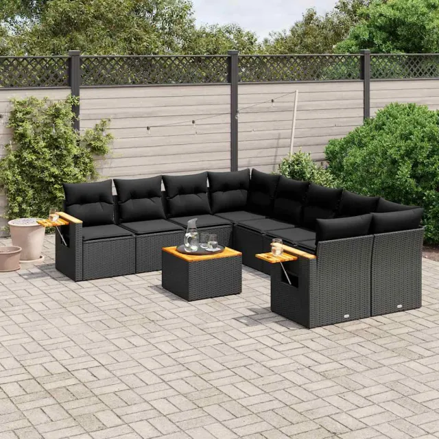 vidaXL 9-delige Loungeset met kussens poly rattan zwart, foto 2