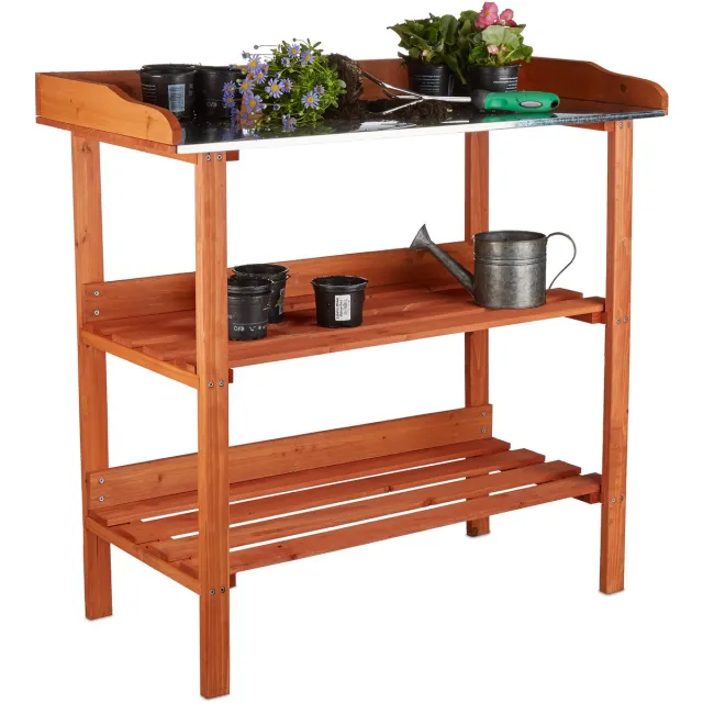 Relaxdays oppottafel met metalen plaat - 3 etages - hout - 87,5 x 91,8 x 41,5 cm - oranje