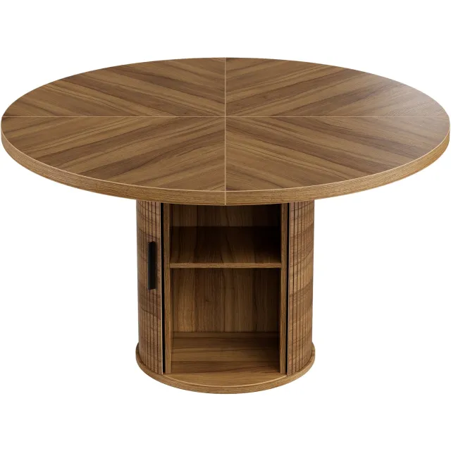 PEALOV Ronde eettafel Ø100 cm voor 1-4 personen-Keukentafel met 2-laagse opbergruimte en schuifdeur-Moderne houten tafel voor eetkamer-Bruin