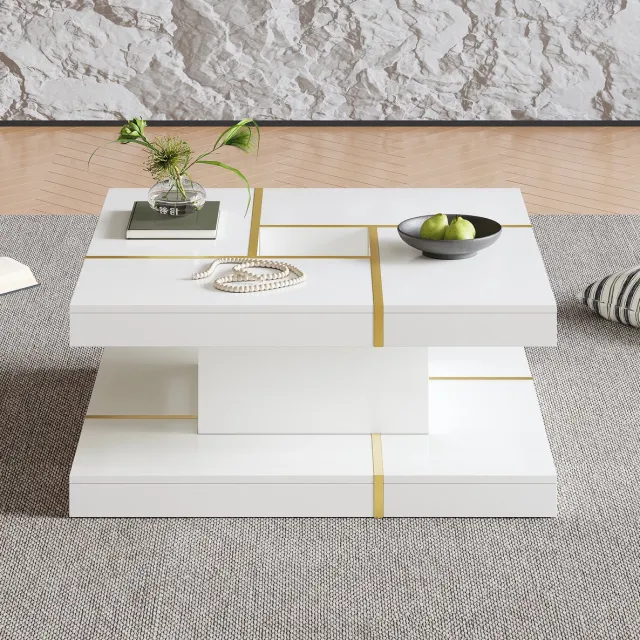FloraGrace Salontafel - Tweelaags Vierkant Ontwerp Met Gouden Randaccenten - Modern Voor Woonkamer En Interieur - Spaanplaat - Wit - 80x80x38 Cm
