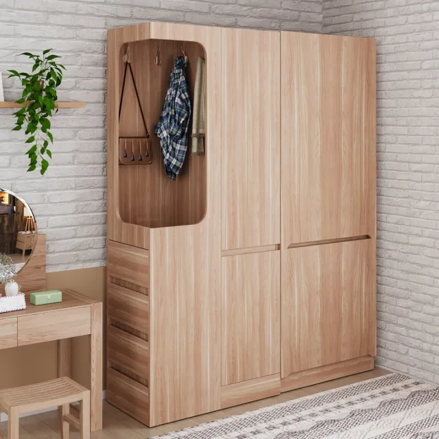 MODENUIT Kledingkast - 3 Deuren, 4 Lades En Open Hanggedeelte - Voor Slaapkamer - Houtkleur - 140x40x170 Cm