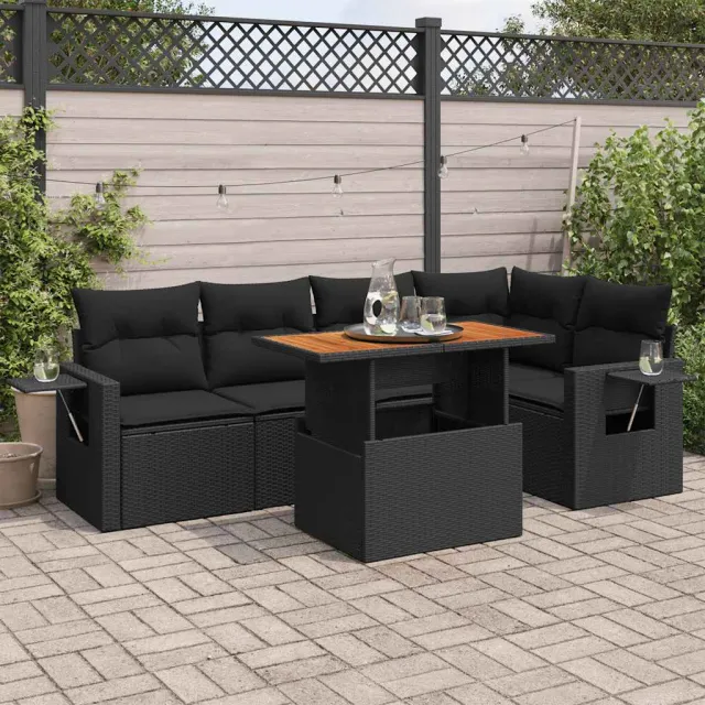 vidaXL 6-delige Loungeset met kussens poly rattan zwart, foto 2