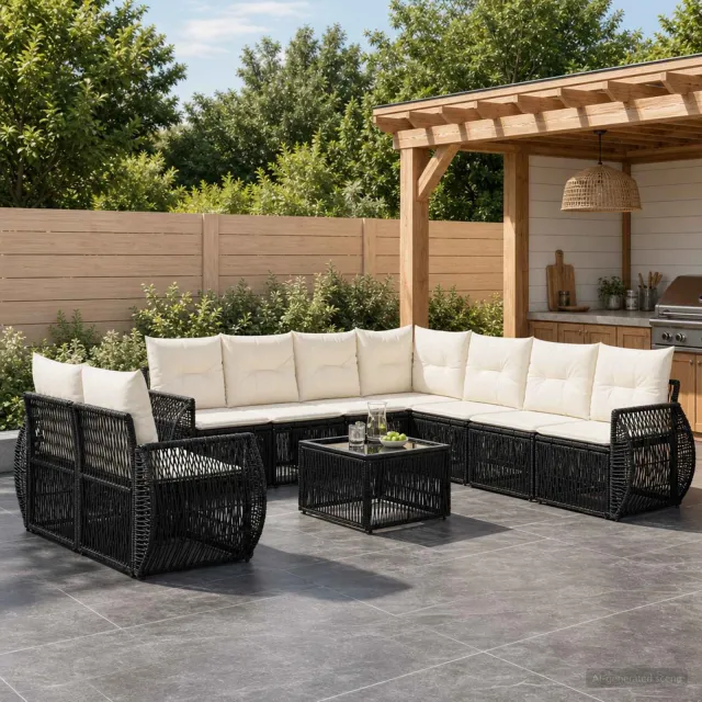 vidaXL Tuinbankenset 10 st 9-zits Zwart en Cream Wit poly rattan, foto 2