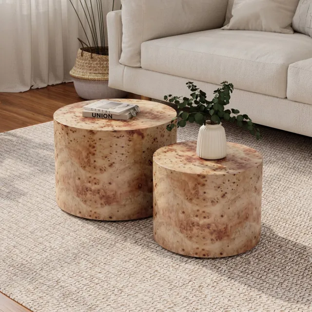MEUNIQ Salontafelset van 2 ronde nesttafels Ø48 en Ø38 cm met beschermpads, zonder montage, voor woonkamer, slaapkamer of kantoor, Naturel Natuurlijk hout