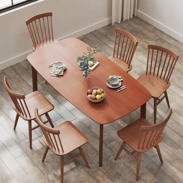 OKWISH Eettafel – Landelijke Stijl – Gelakt Hout – Bruin – 150 x 80 x 76 cm – Voor 6 Personen – Stabiel Met Afgeronde Hoeken