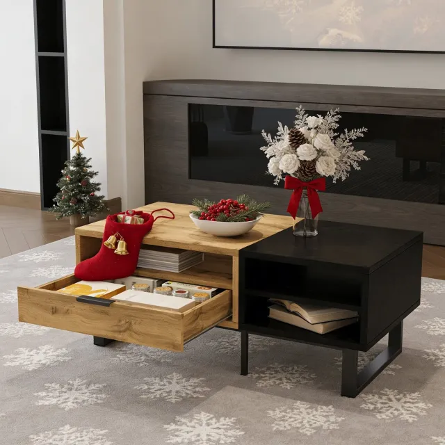 REDOM Salontafel Zwart en Naturel – 100×50×40 cm, 3 open vakken, ruime lade, metalen handgrepen, industrieel design Natuurlijk