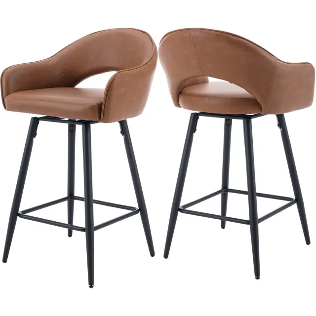 chairus Barkruk Set van 2 Barstoelen - Bruin - Kunstleer - Met Armleuningen en Rugleuning - Gewatteerde en Draaibare zitting - Met Metalen Poten en Voetsteun - Vaste Hoogte - Voor Keuken en Bar
