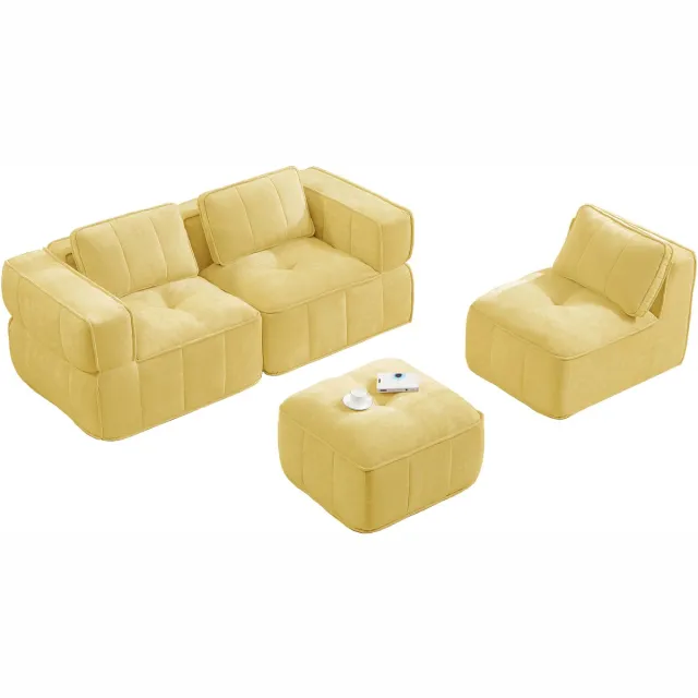 OKWISH Hoekbank 3-Zits Modulair Frameloos Met Poef En 32D Schuim Comfortabele L Vorm Voor Woonkamer Polyester Geel Yellow