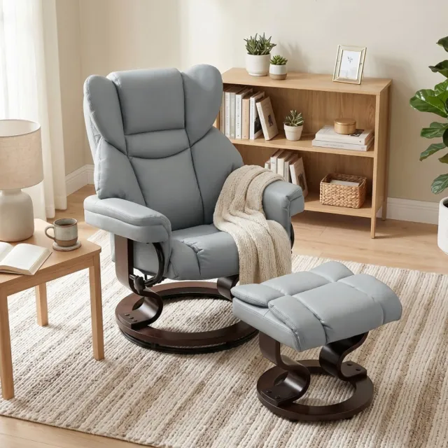 REDOM Relaxfauteuil met voetensteun - Handmatig verstelbare rugleuning tot 145° - 360° draaibaar - PU-leer - Metalen frame - Houten basis - Lichtgrijs - 80 x 79 x 100 cm