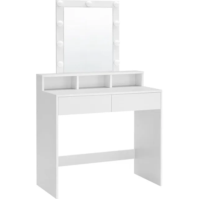 Vasagle Kaptafel, Make up tafel met spiegel en gloeilampen, instelbare helderheid, cosmetische tafel met 2 lades en 3 open vakken wit