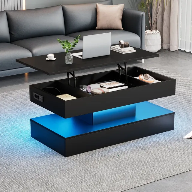 OKWISH Salontafel - In Hoogte Verstelbaar Tafelblad - Met Ledverlichting En Verborgen Opbergruimte - Spaanplaat Zwart - 100x50x42 Cm