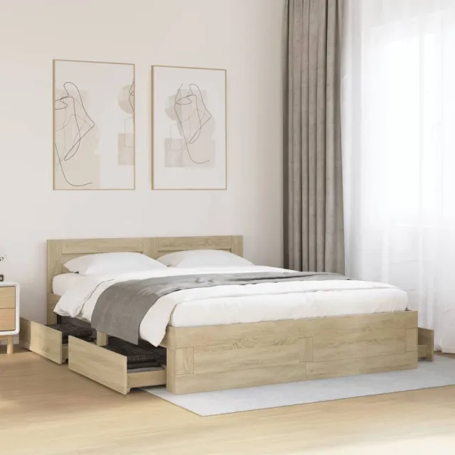 vidaXL Bedframe met hoofdeinde bewerkt hout sonoma eiken 150x200 cm