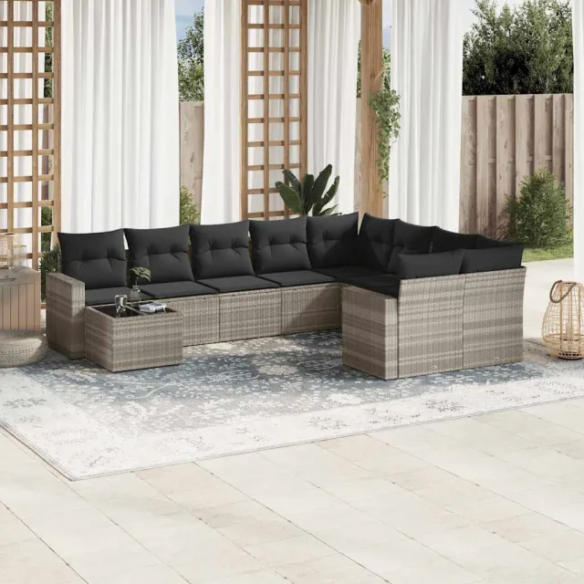 vidaXL 10-delige Loungeset met kussens poly rattan lichtgrijs grijs, foto 2