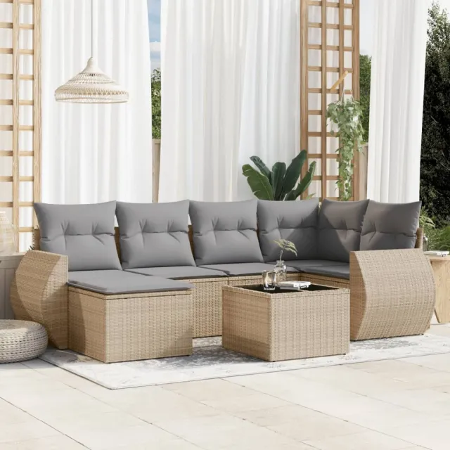 vidaXL 7-delige Loungeset met kussens poly rattan beige, foto 2