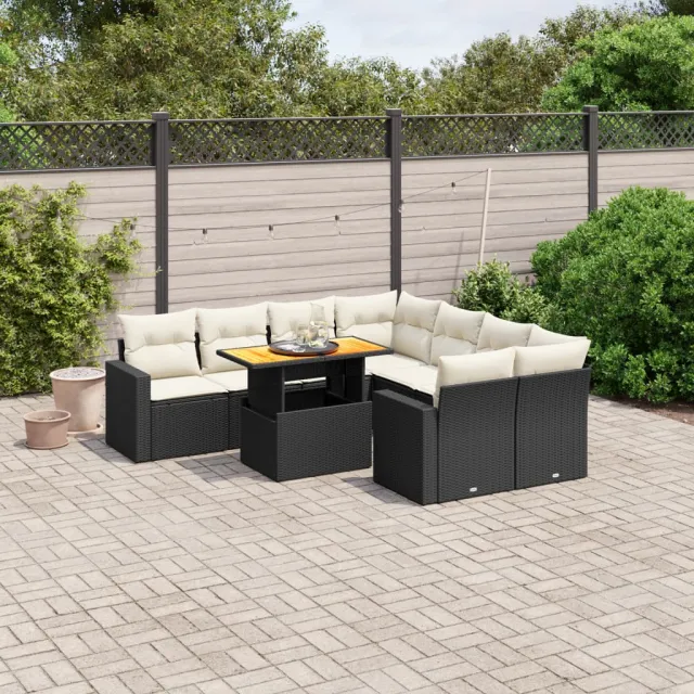 vidaXL 9-delige Loungeset met kussens poly rattan zwart, foto 2