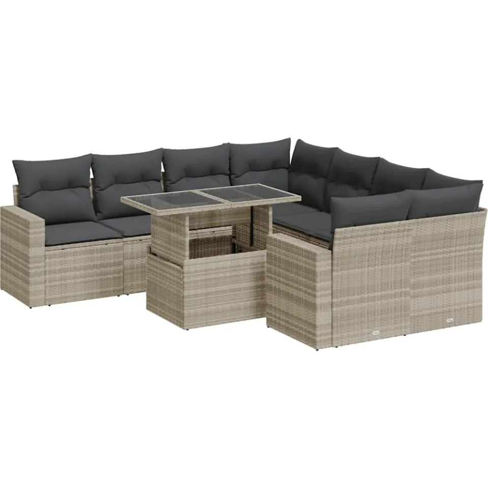 vidaXL 9-delige Loungeset met kussens poly rattan lichtgrijs grijs, foto 3