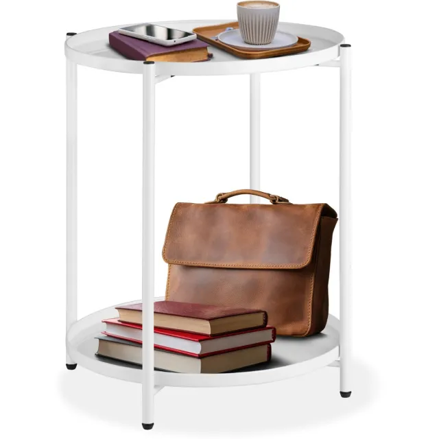 Tectake Ronde Bijzettafel van Metaal - Kleine Salontafel met 2 Niveaus - Ø 45,5 x 53 cm - 2 Afneembare Dienbladen - Rustiek - In Hoogte Verstelbaar - Draagkracht 30 kg - Voor Woonkamer en Slaapkamer - Nachtkastje - Wit