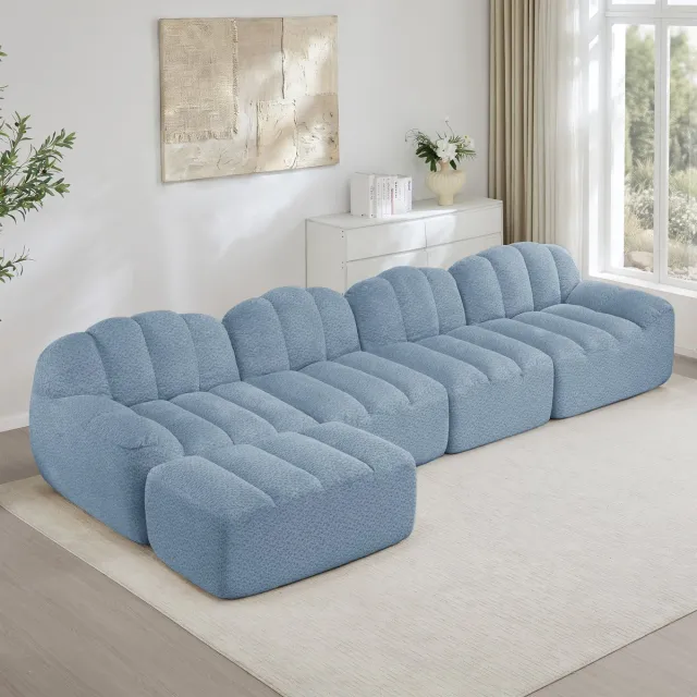 HAUSS SPOLE Hoekbank - Modulair Sofa Met Ottoman - Schelpvormig En Frameloos - 4-Zits Voor Woonkamer En Appartement - Cord Blauw