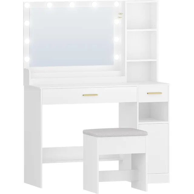 HILINSIE Kaptafel met Kruk, Kaptafel met Grote LED Spiegel, 11 LED Verlichting met Regelbare Helderheid, Make-up Bureau, 2 Laden, 4 Compartimenten en 1 Kast, 40 x 108 x 141 cm, Wit