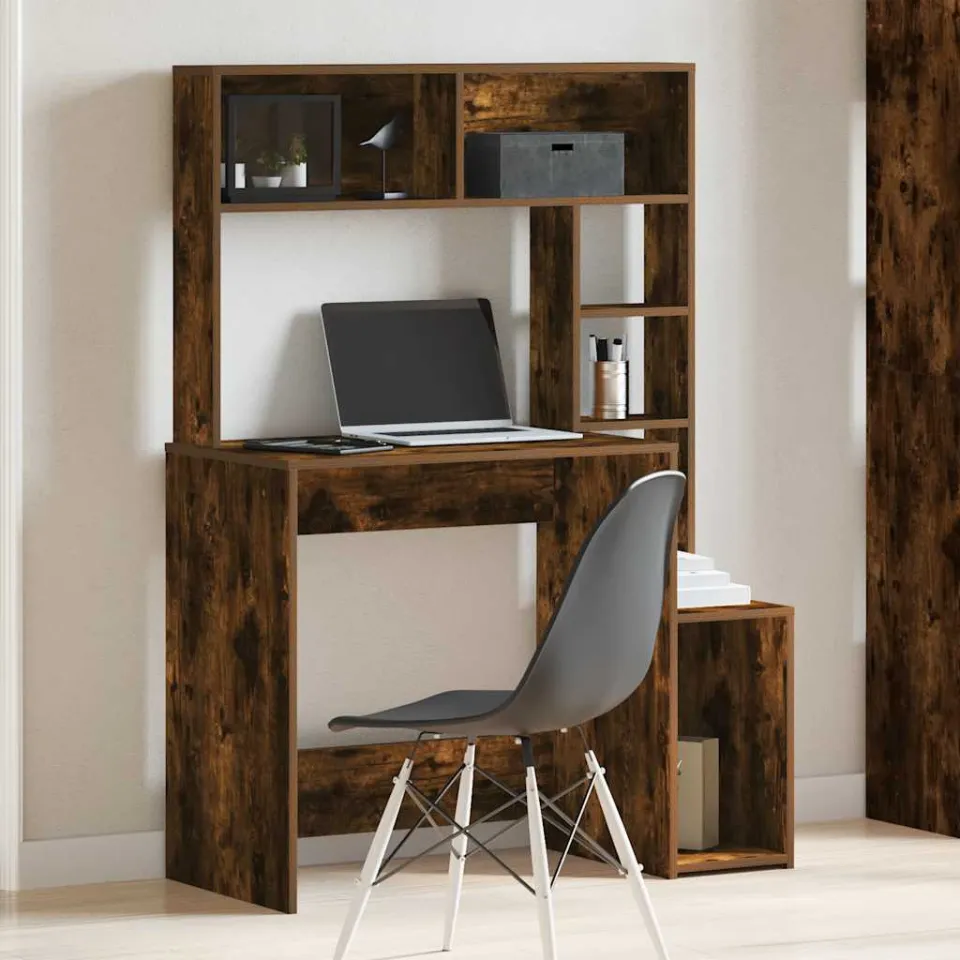 vidaXL Bureau met schappen 100x45x140 cm bewerkt hout gerookt eiken, foto 2