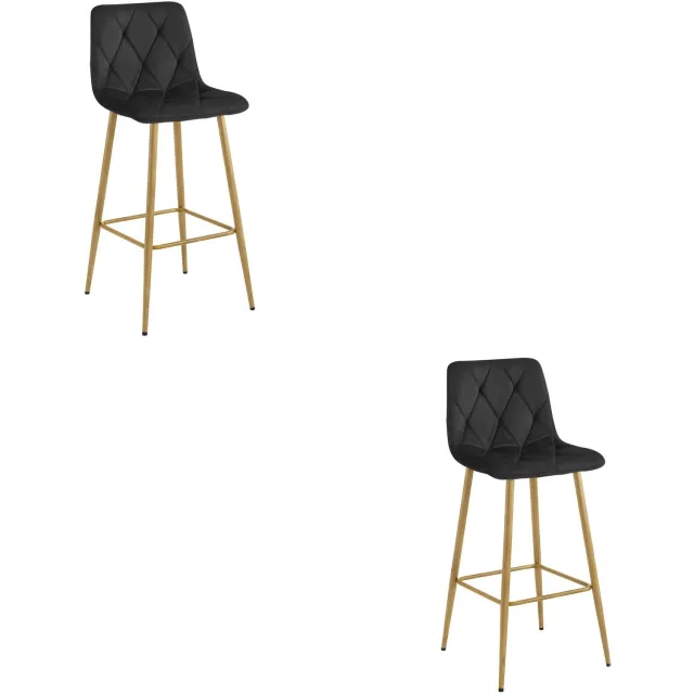 LEOBERT Set van 2 Barkrukken NADO – Zwart Velvet / Fluweel – Gestoffeerde Barstoelen met Rugleuning en Voetsteun – Metalen Poten in Eikenlook – Modern Design – Voor Keukeneiland, Keuken, Bartafel en Thuisbar