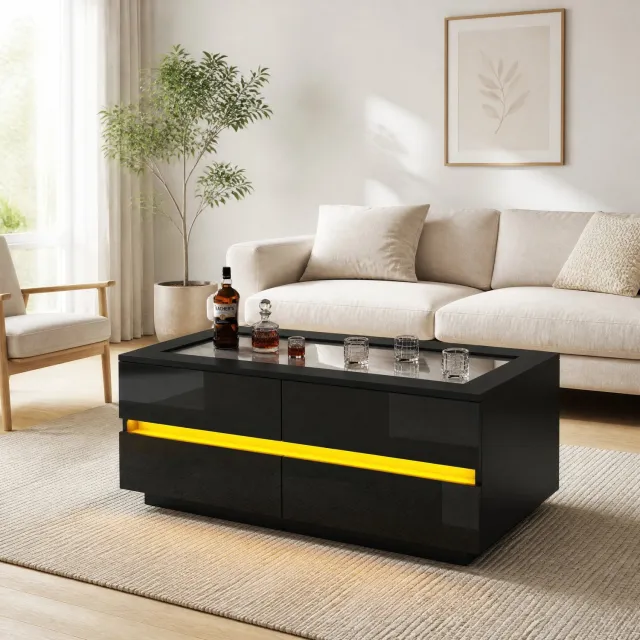 WUVRIE Salontafel 100x50x40 cm - 4 lades, LED en gehard glazen blad - Zwart