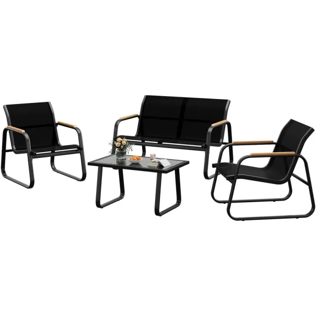 ITRONIQ Loungeset Tuin 4 Personen – 4-Delige Tuinset Met 2-Zitsbank, 2 Stoelen en Glazen Salontafel – Terras Set – Zwart
