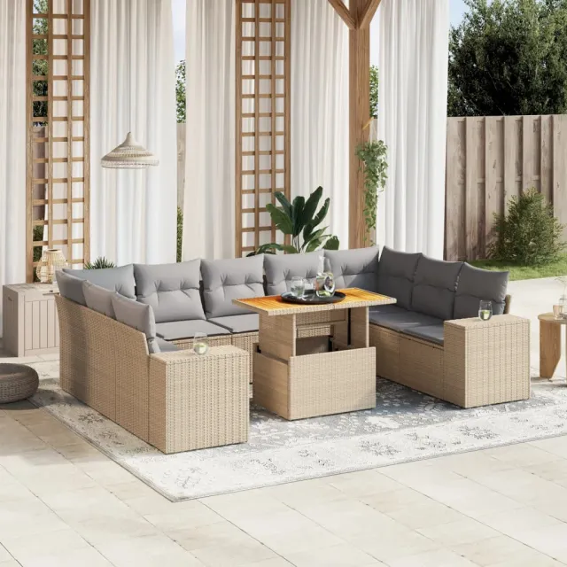 vidaXL 10-delige Loungeset met kussens poly rattan beige, foto 2
