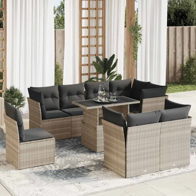 vidaXL 9-delige Loungeset met kussens poly rattan lichtgrijs grijs, foto 2