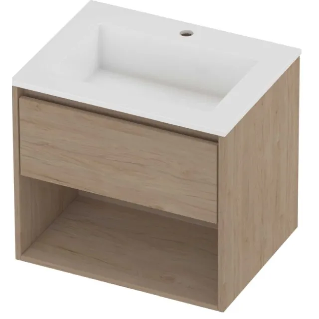 Proline Aristo Badmeubelset Polystone Elegant 1 Kraangat Met Schap 60x46x54 cm Glans Wit Ideal Oak Eiken
