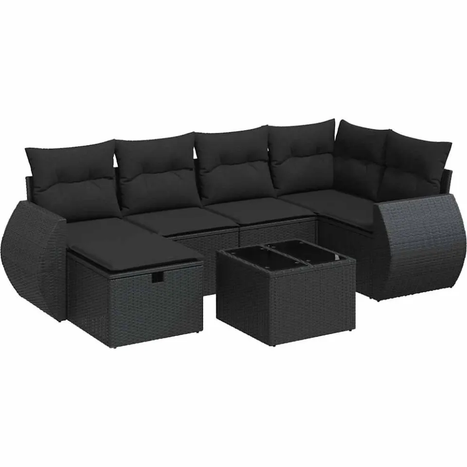 vidaXL 7-delige Loungeset met kussens poly rattan zwart, foto 3