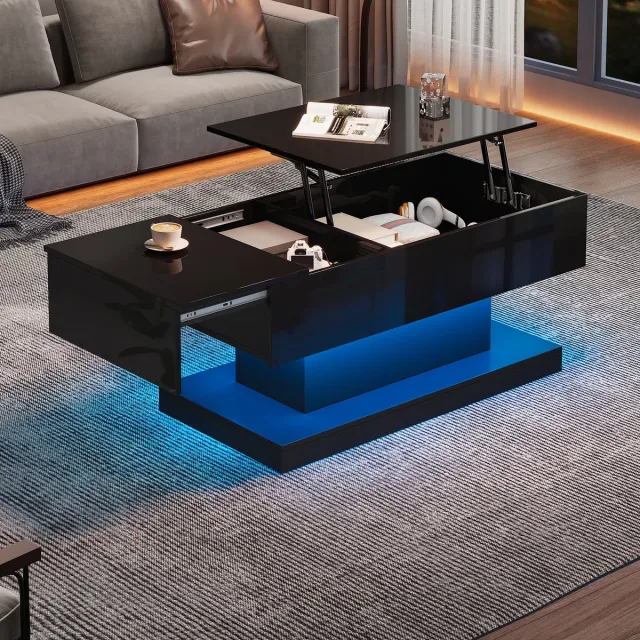 Clruro Hoogglans Lift Salontafel - 100x50x45 cm - LED Verlichting - Verstelbare Hoogte - Hydraulisch Liftmechanisme - Opbergruimte Zwart