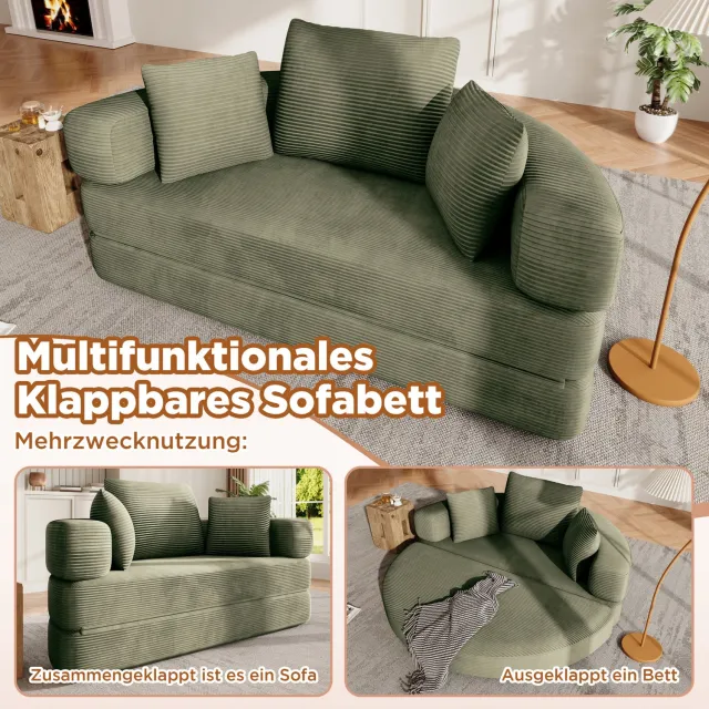 MODENUIT Slaapbank 173 x 176 cm - Opvouwbaar Bankbed met 3 Kussens - Voor Woonkamer - Ribstof - Groen