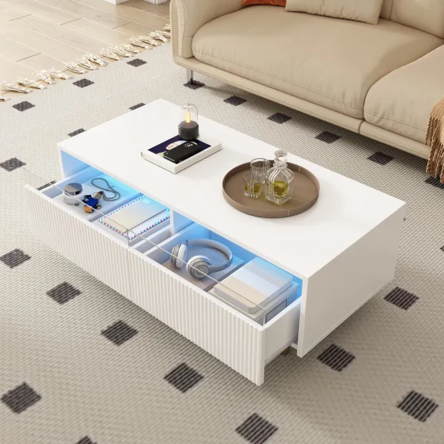 Merax Moderne salontafel met gegolfde lade - met LED-verlichting - wit