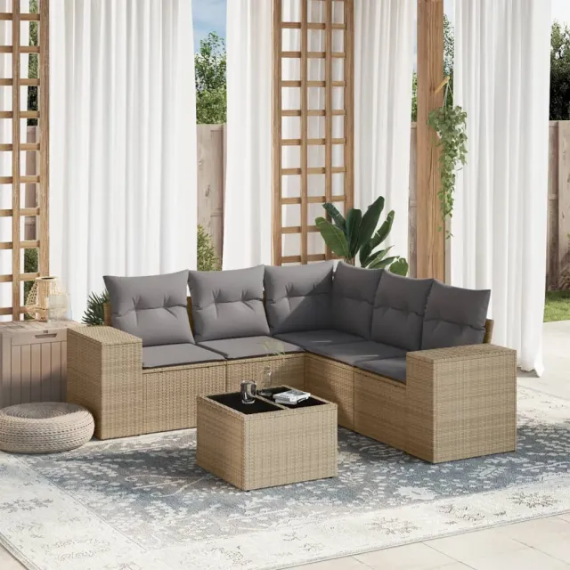 vidaXL 6-delige Loungeset met kussens poly rattan beige, foto 2